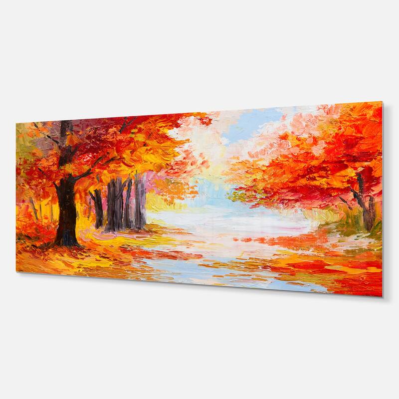 Designart 'Orange Forest in Autumn' Landscape Metal Wall Art