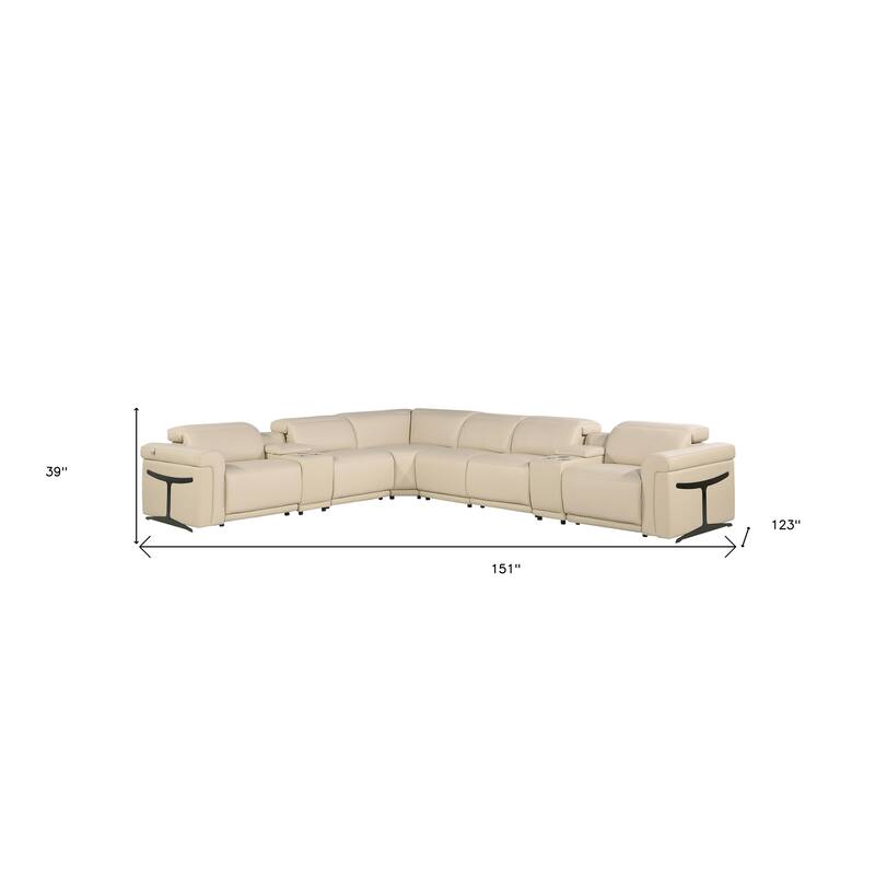 HomeRoots Beige Italian Leather Modular L Shaped Eight Piece Corner Sectional With Console