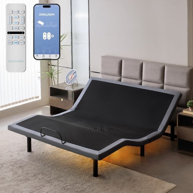 Renanim Adjustable Bed Base with Dual Massage - USB, Under Bed Light, Zero Gravity, App Control, Head and Foot Incline - King