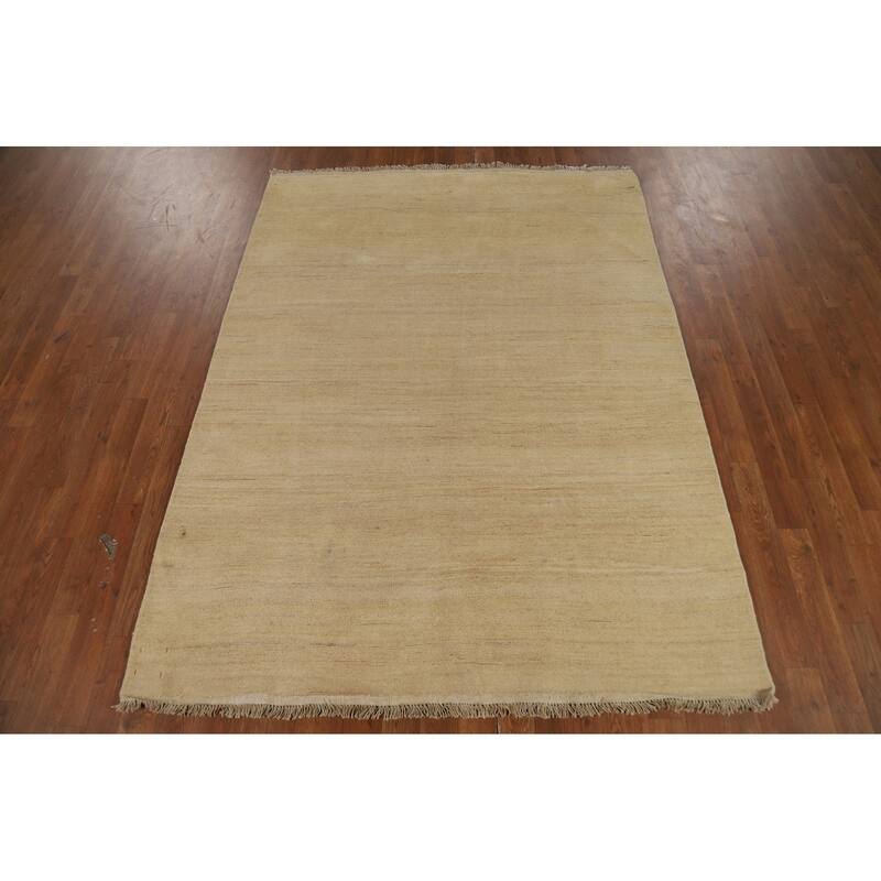 Solid Modern Gabbeh Oriental Area Rug Handmade Yellow Wool Carpet - 4'10" x 6'5"