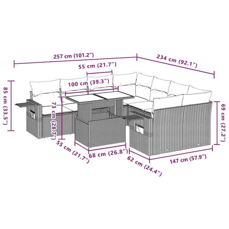vidaXL Patio Sofa Set with Cushions Outdoor Furniture 9 Piece Poly Rattan - 24.4 x 24.4 x 27.2