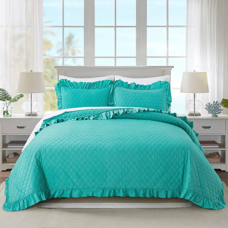3 Piece Ruffle Quilt Set Lightweight Bedspreads Coverlet - Turquoise - Queen