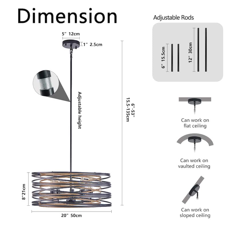 20" Rustic Industrial Pendant Light, 5-Light Black and Walnut Metal Cage Chandelier with Wood Accent