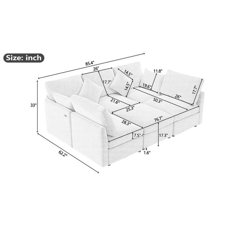 85.4" Grey Chenille Modular Sofa with Ottoman & USB Ports