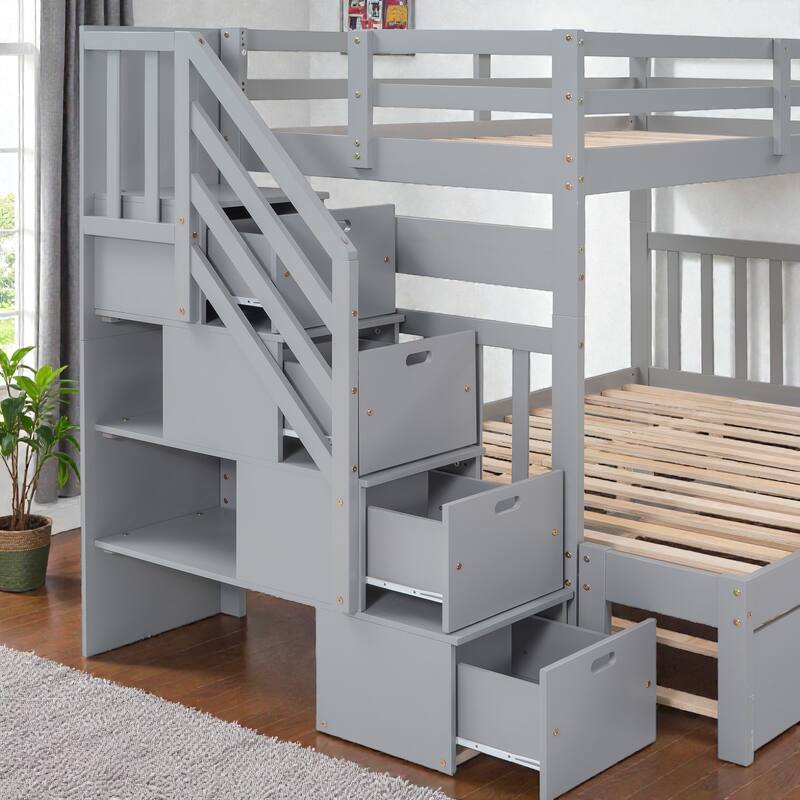 Twin over Full Bunk Bed with Twin Trundle and Storage Staircase, Solid Wood Space-Saving Bunk Frame