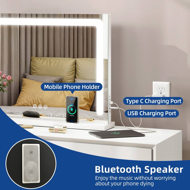 Moasis LED Lighted Makeup Mirror with Touch Screen 3 Colors Lighting Vanity Mirror w/ Wireless Charger and Speaker