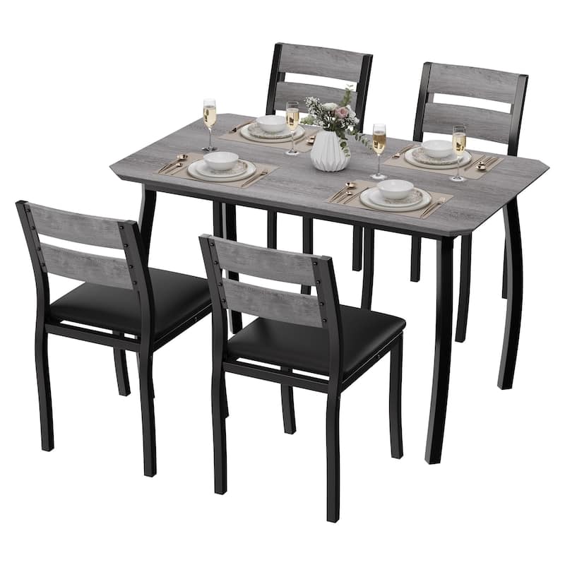 5 Piece Metal Frame Kitchen Table and Chair Set, with Chamfer Design - Gray