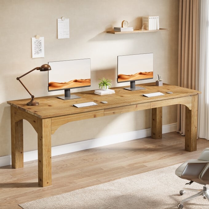 78.74 Inch Extra Long Solid Wood Computer Desk for 2 Person - Light Brown