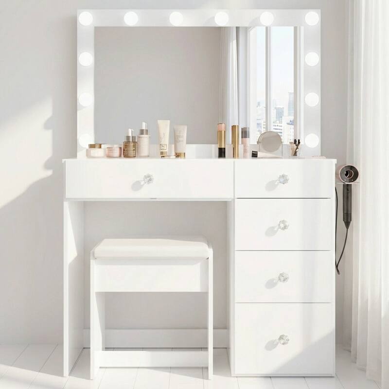 Boahaus White Makeup Vanity Desk with 13 Light Bulbs, Glass Top, USB-A & USB-C, 5 Drawers, Hair Dryer Holder, and Stool - White-Crystal Knobs