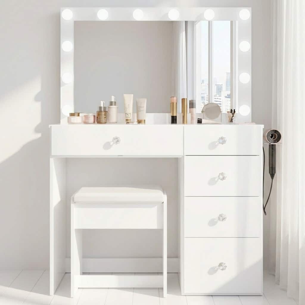 Boahaus White Makeup Vanity Desk with 13 Light Bulbs, Glass Top, USB-A & USB-C, 5 Drawers, Hair Dryer Holder, and Stool