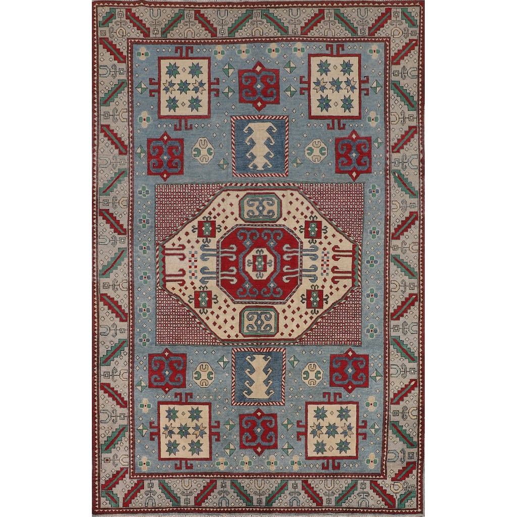 Light Blue Geometric Kazak Rug Hand-Knotted Living Room Wool Carpet - 6'8" x 9'6"