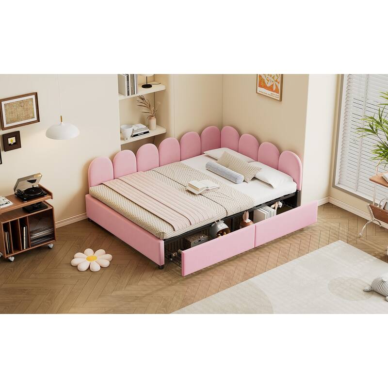 Velvet Upholstered Daybed with Two Drawers and Soft Headboard