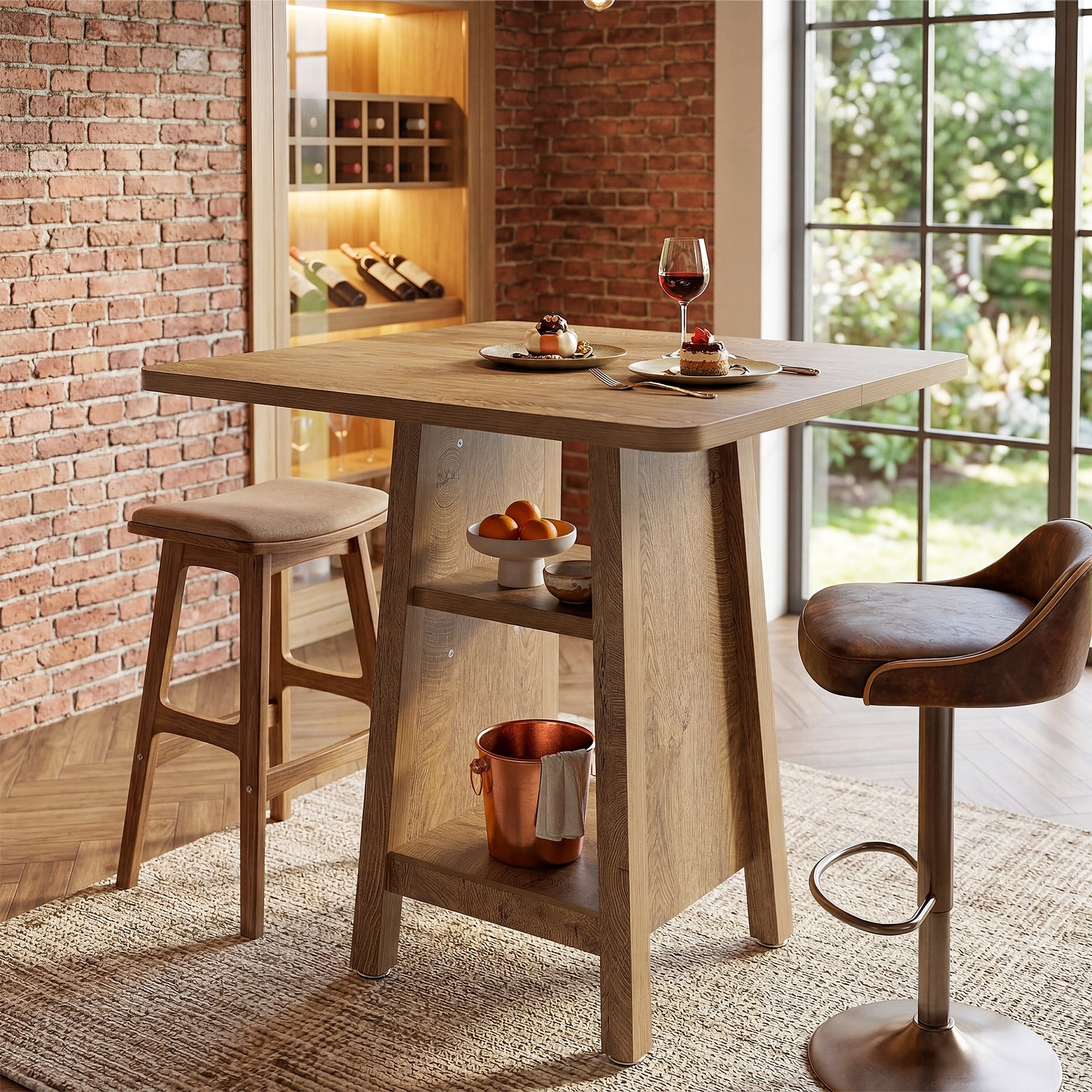 Square Bar Table with Storage, 35.4" H High Top Pub Dining Table with 2 Open Shelves - 31.5" L x 31.5" W x 35.4" H