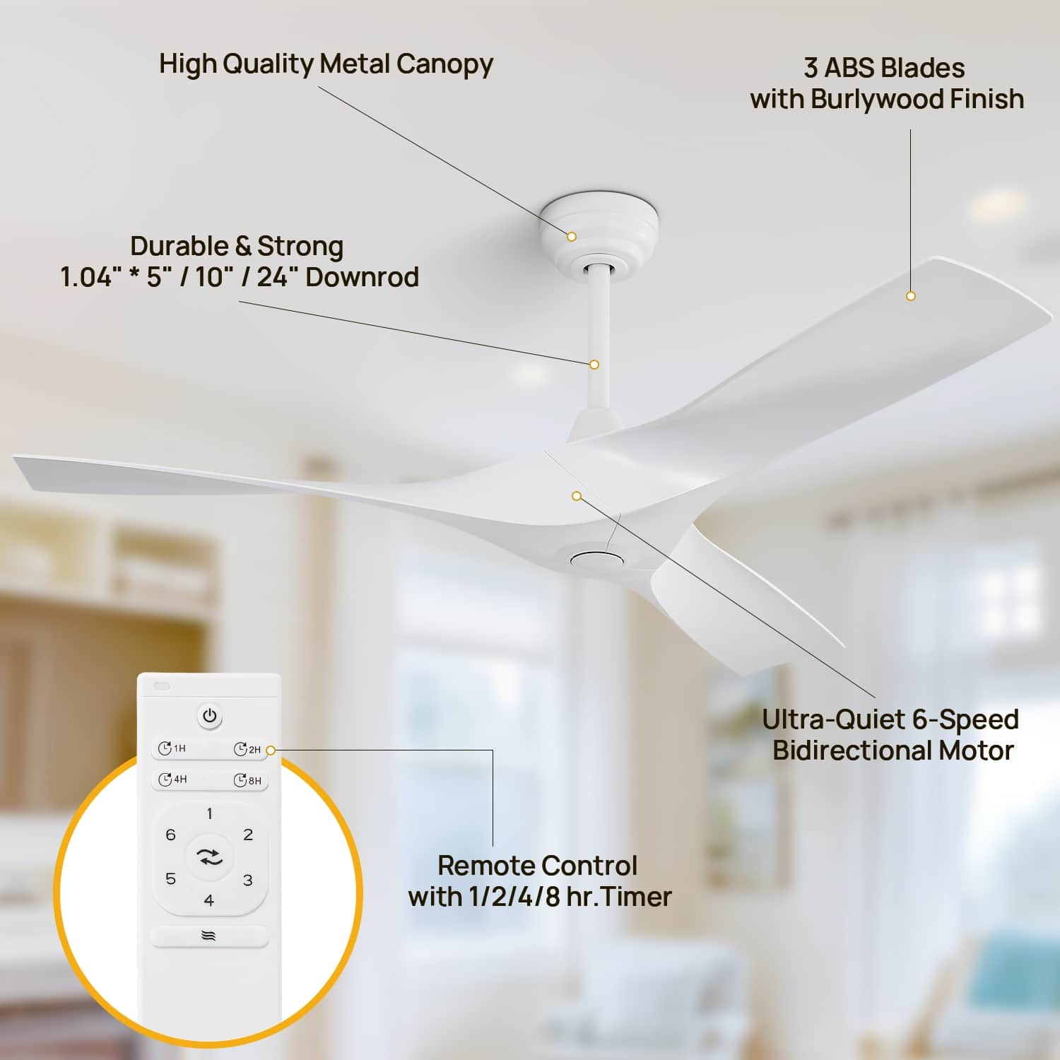 52 inch Modern Ceiling Fan without Lights, 3 Blades,Remote Control