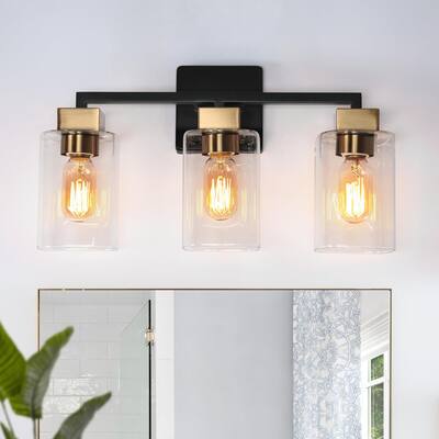 Modern 3-Light Black Gold Bathroom Vanity Light Linear Wall Sconces with Square Glass