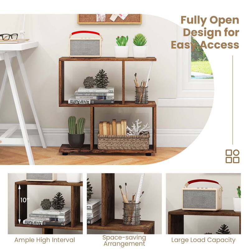 2PCS 2-Tier Wooden Bookshelf Free Standing S-Shaped Shelf Storage