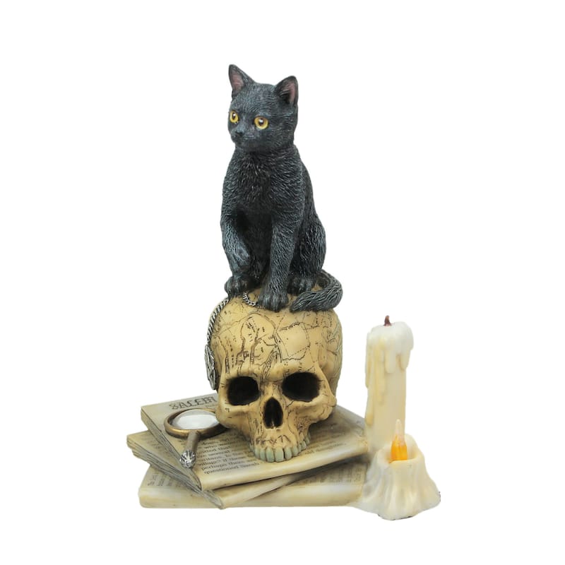 Lisa Parker Spirits Of Salem Black Cat On Human Skull Statue 6.5 Inch - 6.5 X 5 X 4.25 inches