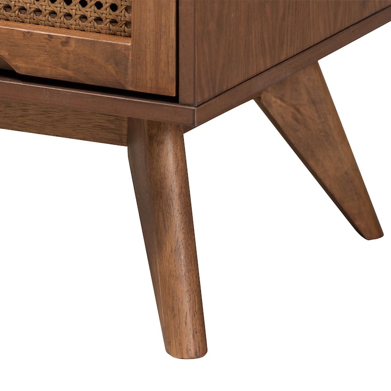 Nura Mid-Century Modern Walnut Brown Finished Wood and Rattan 3-Piece/4-Piece/5-Piece Bedroom Set (Multiple Bed Sizes)