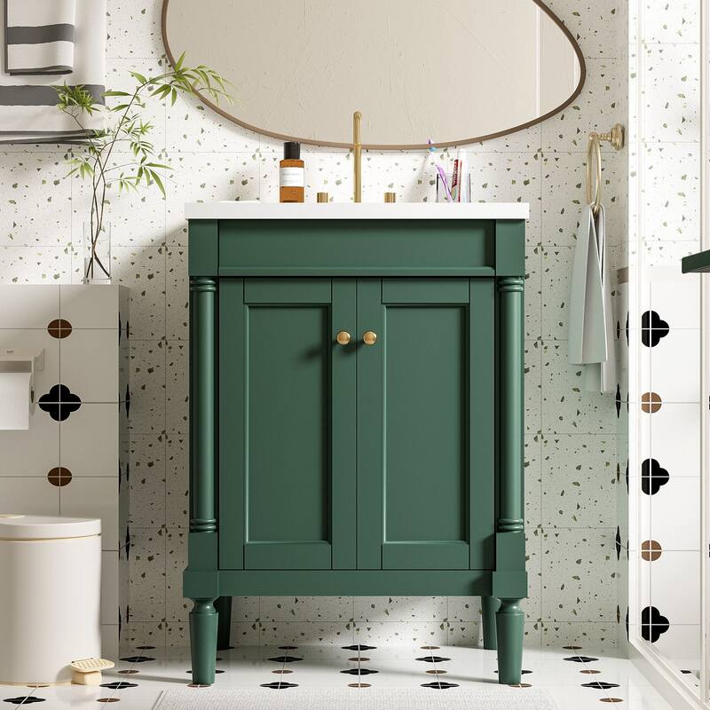 24 Inch Bathroom Vanity with Ceramic Top Sink, Freestanding Single Sink Vanity with Storage Shelves, Modern Style - Green