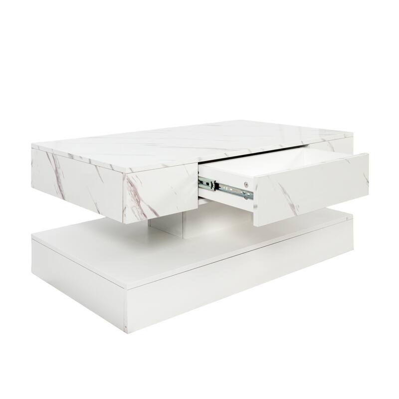 High-Glossy LED Coffee Table with 2 Drawers, Living Room Storage Tables with Marbling Print, Stylish Double-Layer Center Tables