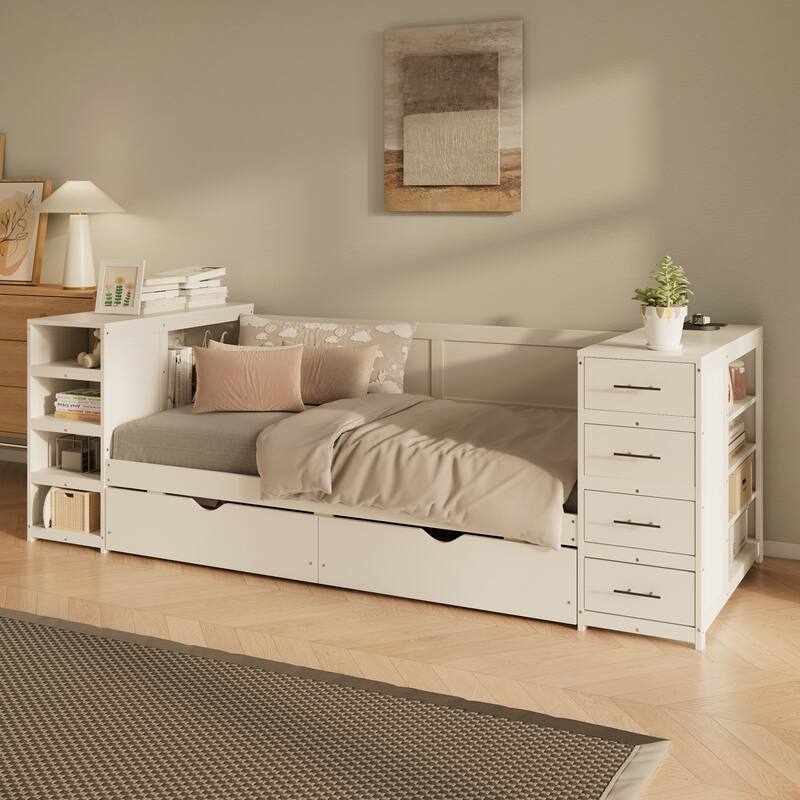 White Wooden Twin Size Daybed with Multi-Functional Desk and Charging Station