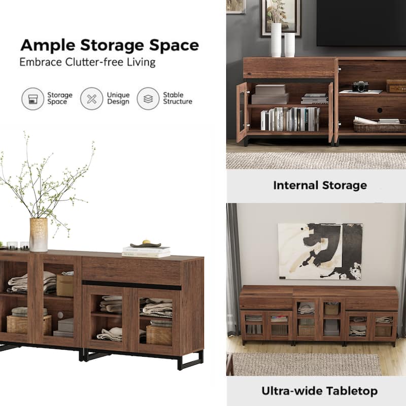Modern TV Stand for Tvs Up to 100 Inch, 3 In 1 TV Console with Glass Doors and 2 Drawers, Entertainment Center for Living Room