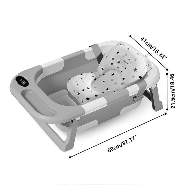 dimension image slide 1 of 2, Portable Collapsible Baby Infant Bathtub with Thermometer and Removable Basket - 27.17”L x 8.46”W x 16.34”H