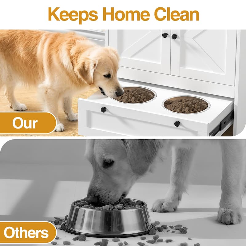 Anmytek 32" High Dog Feeding Station with 2 Elevated Bowls and Storage Cabinet for Cats and Dogs