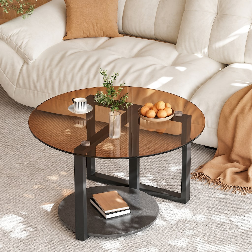 Round Amber-Tinted Tempered Glass Coffee Table Living Room Center Table with 2-Tier