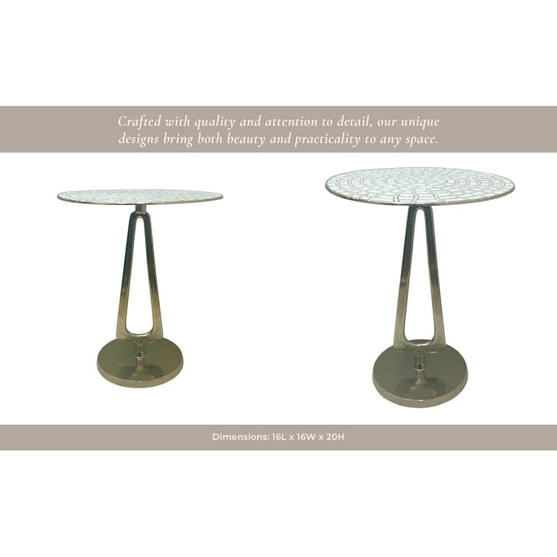 Metal Accent Table Modern Coastal Engraved Top Design - 20" White - 16" x 16" x 20"