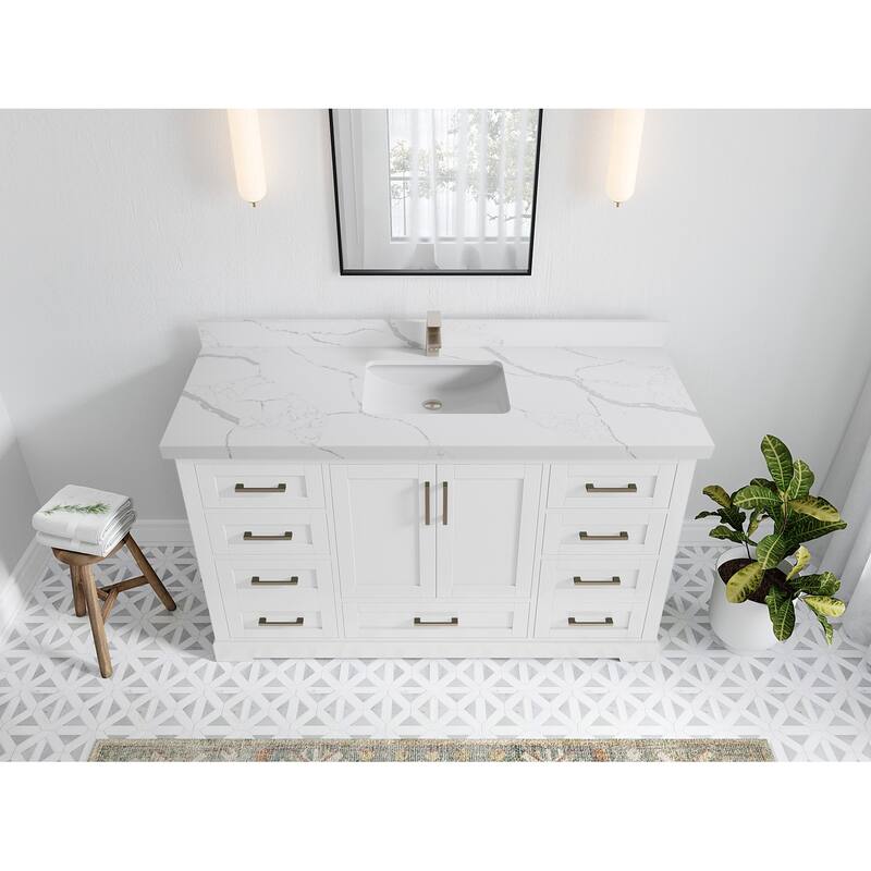 Willow Collection 60 in W x 22 in D x 36 in H Boston Single Bowl Sink Bathroom Vanity with Countertop - 2"Calacatta Laza - White