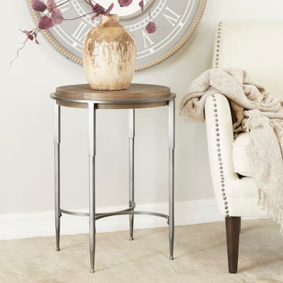 Gray Metal Industrial Accent Table with Brown Wood Top