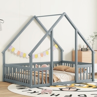 Full Size Pine Wood Floor Bed with House Frame and Safety Guardrails, Sturdy Wooden Structure Designed