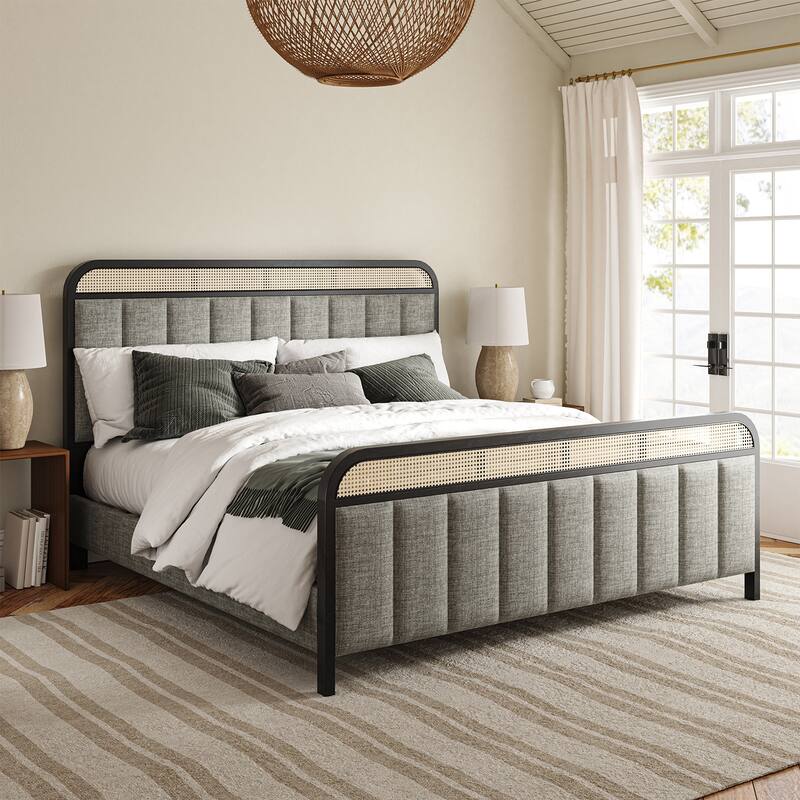 Alphons Modern Solid Wood Frame Ratten Bed with LED Headboard by HULALA HOME - Grey - King