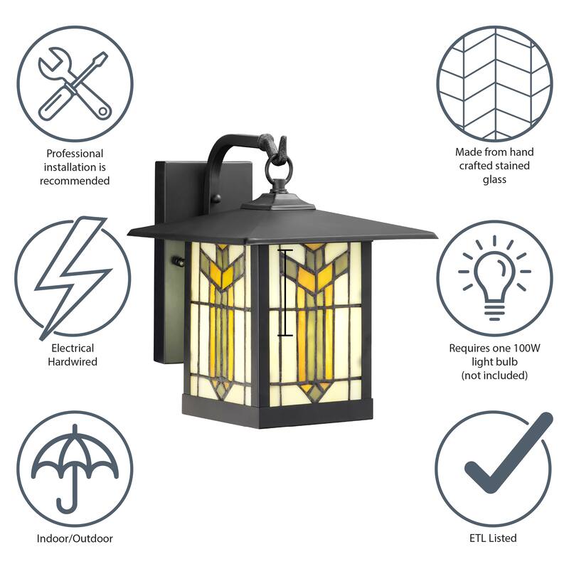 River of Goods Amber/Ivory Stained Glass Black 1-Light Outdoor Lantern Sconce - 10.75" x 9" x 11.75"