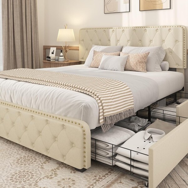 Lifezone Upholstered Queen Bed Frame with Headboard & 4