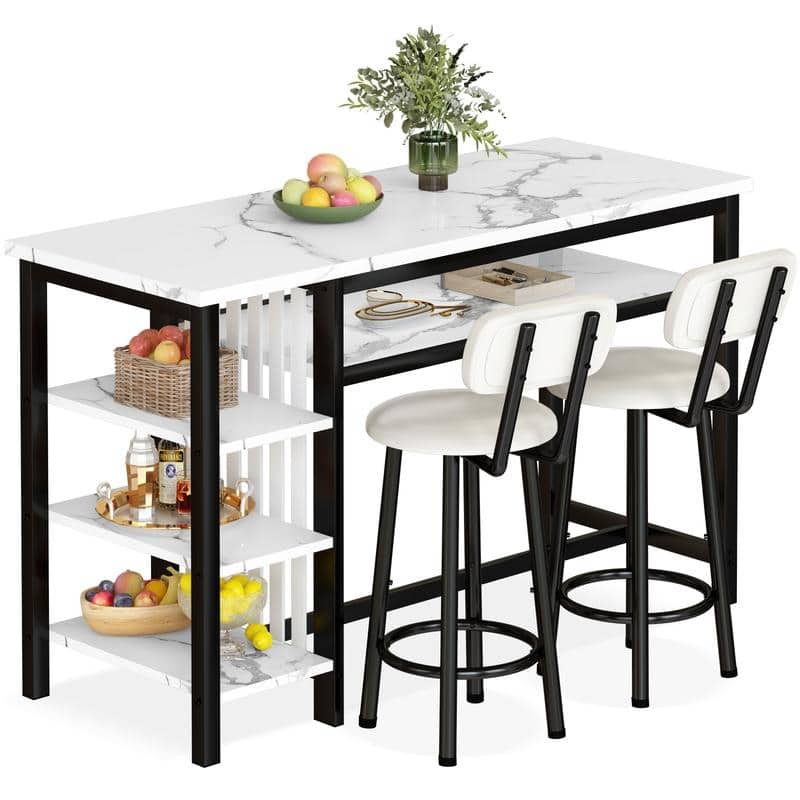 3-Piece Dining Room Table Set with 2 Upholstered Bar Stools, Modern Farmhouse Bar Table Set for 2 with Multiple Tier Shelves