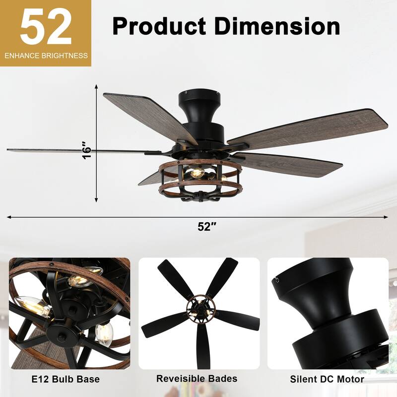 Cusp Barn 52-In Farmhouse Black Caged Ceiling Fan with Lights and Remote Control, Low Profile Flush Mount Chandelier Ceiling Fan