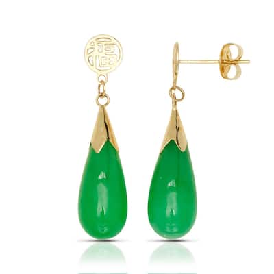 14k Yellow Gold Green Jade Teardrop Drop Earrings (5mm x 28mm)