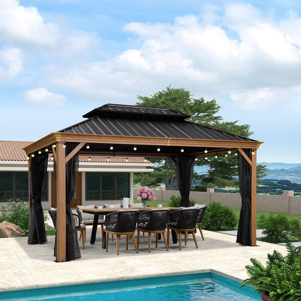 PURPLE LEAF Hardtop Gazebo Galvanized Steel Roof Gazebo Pergola Wooden Coated Alumninum Frame Wiht Mosquito Net and Light