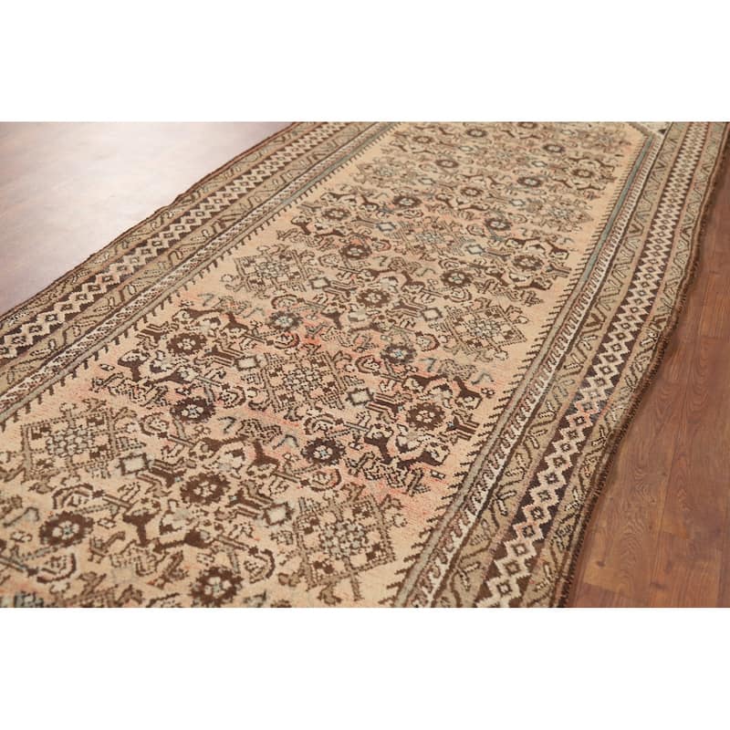 Hamedan Persian Vintage Runner Rug Hand-Knotted Peach Wool Carpet - 3'8" x 9'9"