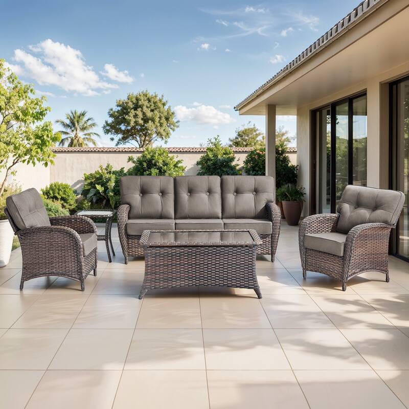 Gymojoy Outdoor Wicker Patio Furniture Set, 5" Thick Cushioned Rattan Conversation Set with Sofa & Chairs - Brown Wicker / Grey Cusion - 5-Piece