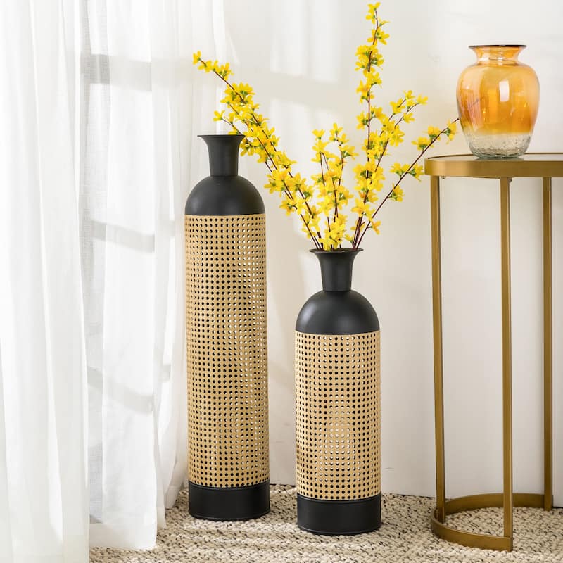 Glitzhome Set of 2 Modern Gold/Black Two-tone High Table Floor Metal Art Vases