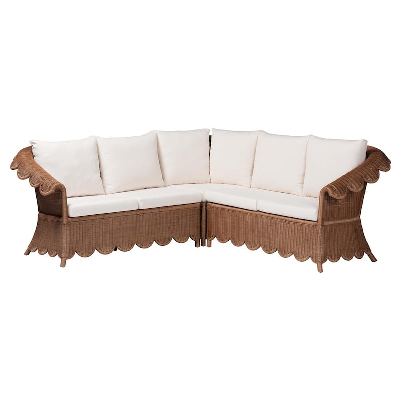 Detta Natural Rattan Sectional Set - Handwoven Wicker Corner Lounge Seating with Scalloped Skirt Base and Rolled Arms - Symmetrical