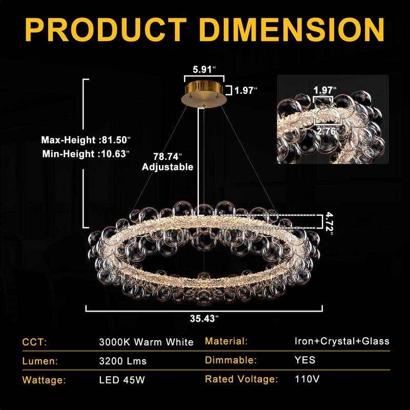 Crystal Bead LED Chandelier with Glass Globe, Adjustable