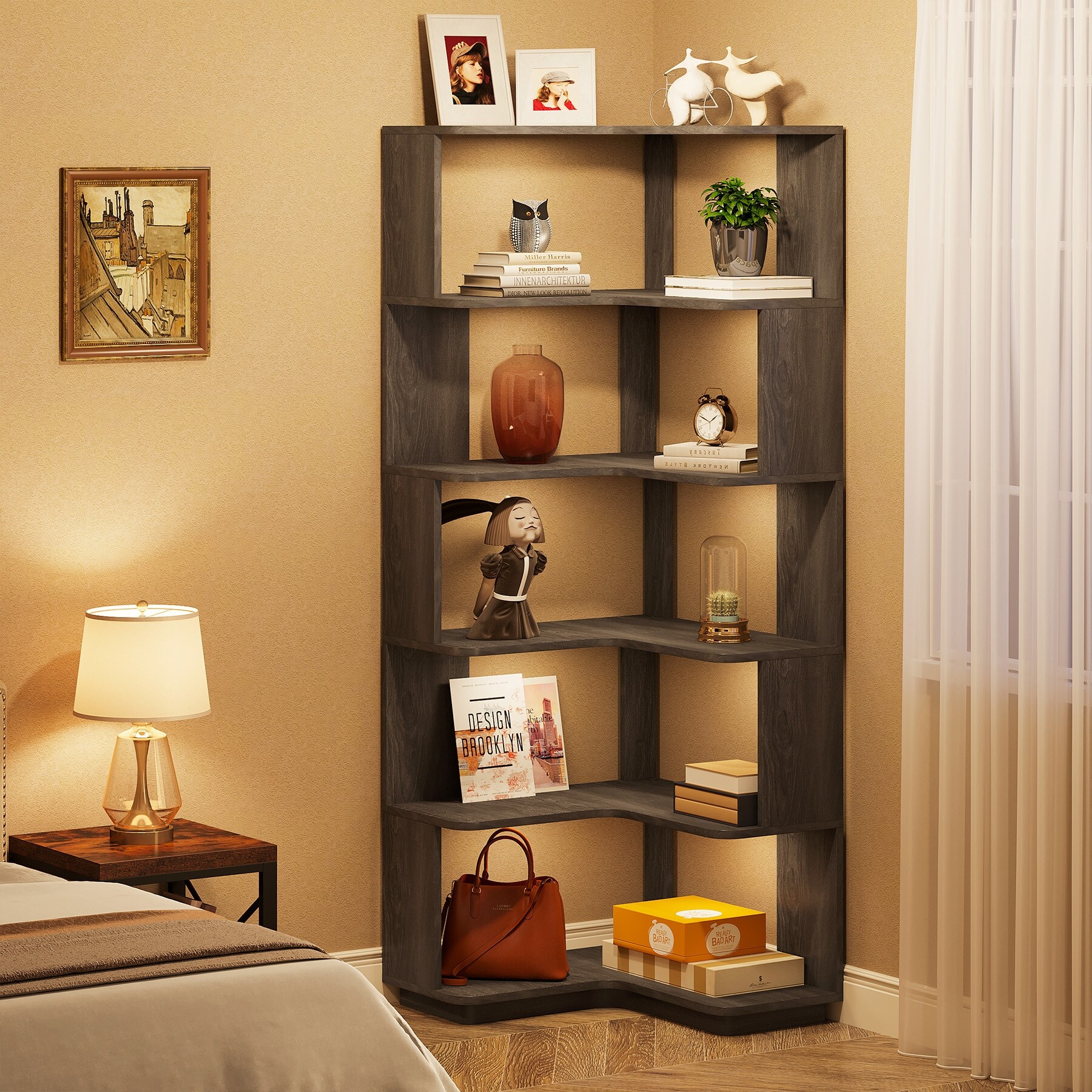 6-Tier Corner Bookshelf, Modern Bookcases for Home Office, Living
