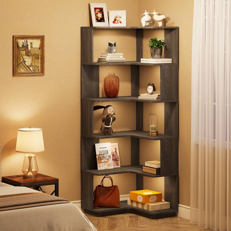 6-Tier Corner Bookshelf and Bookcase, Modern Corner Shelves for Home Office, Living Room