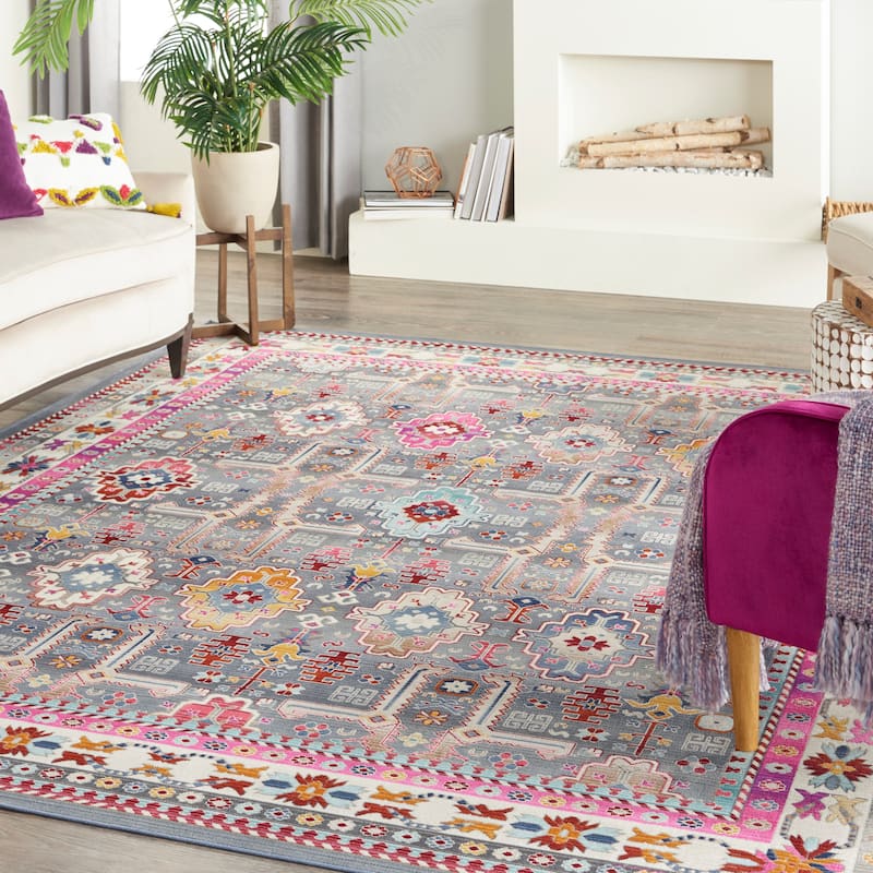 Nourison Vintage Kashan Modern Persian Geometric Medallion Area Rug - 7'10" x 9'10" - Grey/Multi - Runner/Rectangle