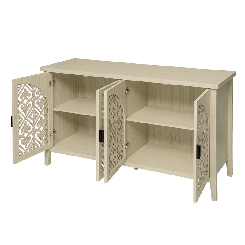 Roomfitters 4-Door Sideboard Buffet Cabinet, Carved Storage Cabinet with Adjustable Shelf, Natural