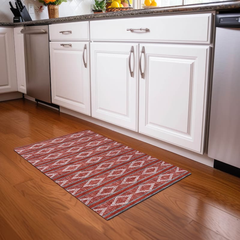 Machine Washable Indoor/ Outdoor Diamond Stripe Chantille Rug - Red - 1'8" x 2'6"